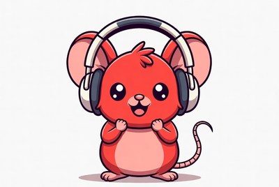 Cute red mouse wearing headphones