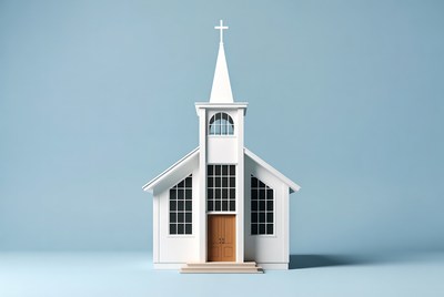 White Church on Blue Background