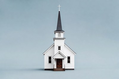 White Church on Blue Background