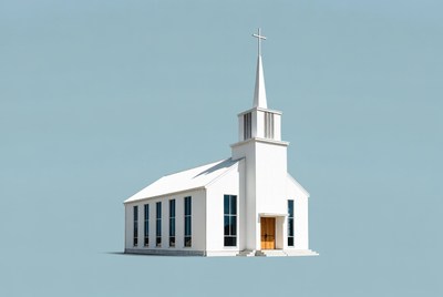 White Church on Blue Background