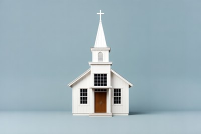 White church on blue background