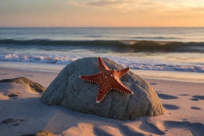 Starfish on Rock at Beach Sunset