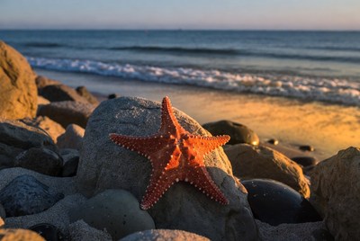 Orange Starfish on Beach Rocks
