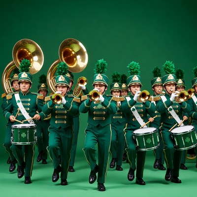 Marching band in green uniforms