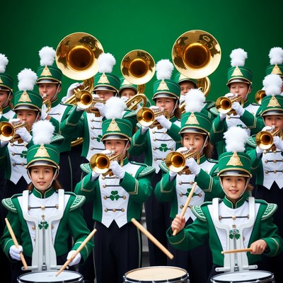 Marching band girls playing brass instruments