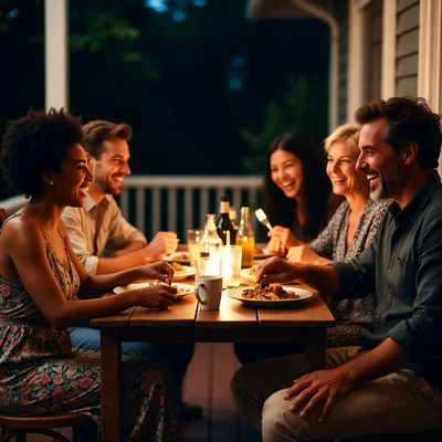 Diverse group dining on porch at night