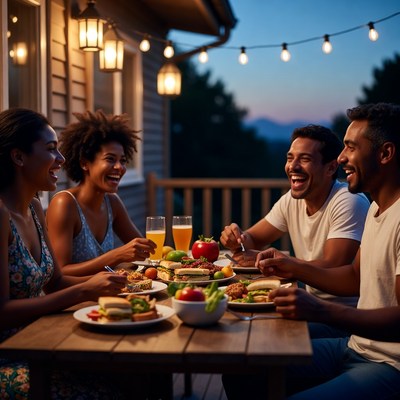 African-American friends dining on patio