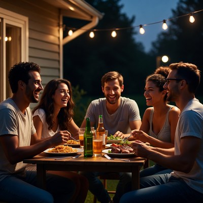 Friends eating dinner outdoors at night