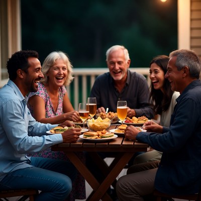 Diverse family dining on porch