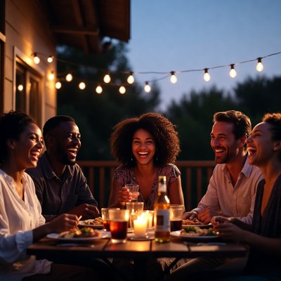 Diverse group laughing at outdoor dinner