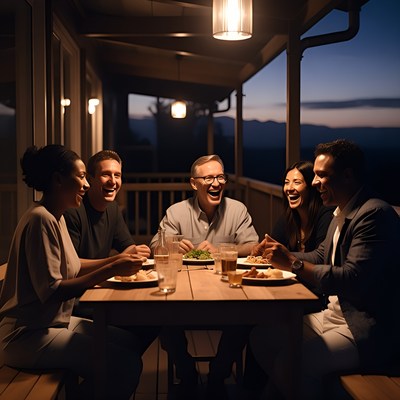 Diverse group dining on mountain veranda