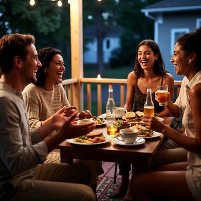 Diverse group laughing at outdoor dinner