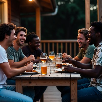 Group of men laughing at deck table