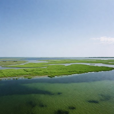 Aerial view of lush green marshland