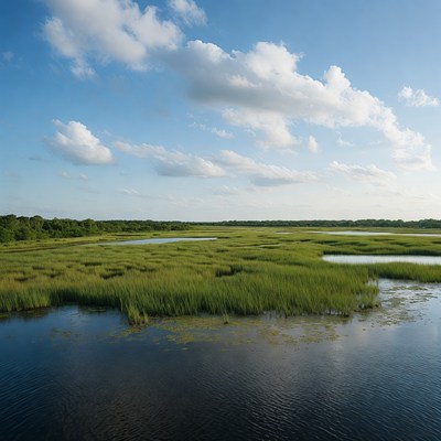 Scenic Marshland with Water and Clouds
