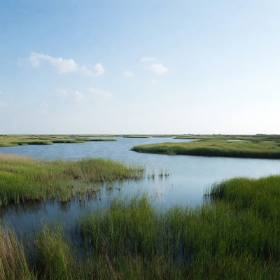 Scenic Marshland with Ponds and Grasses