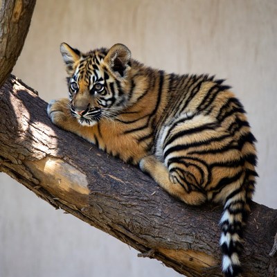 Baby tiger lounging on tree branch