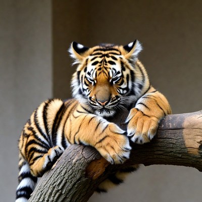 Tiger cub lounging on branch