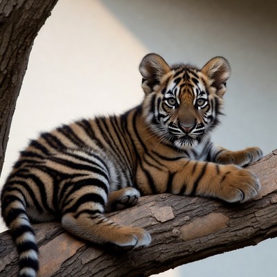 Baby tiger lying on tree branch