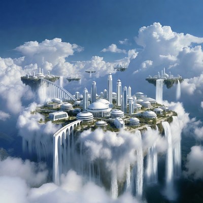 Floating White City in Clouds