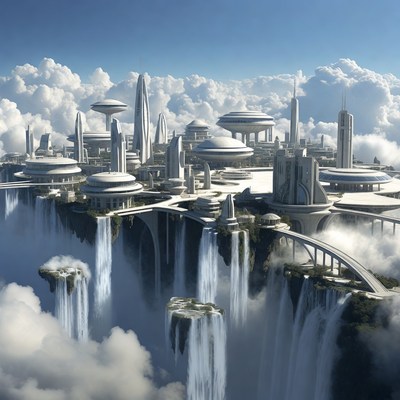 Futuristic Floating City in Clouds