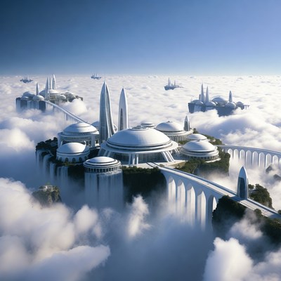 Futuristic Floating City in Clouds