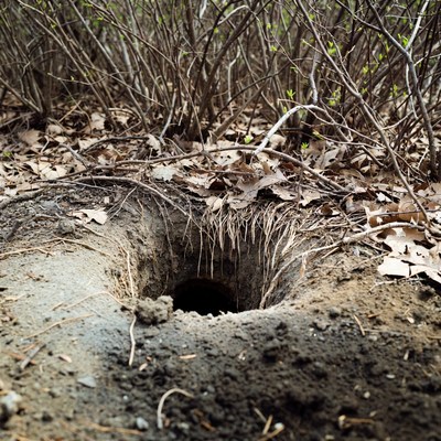 Animal burrow in forest ground