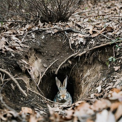 Rabbit peeking from burrow