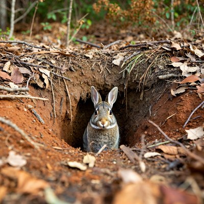 Rabbit emerging from burrow