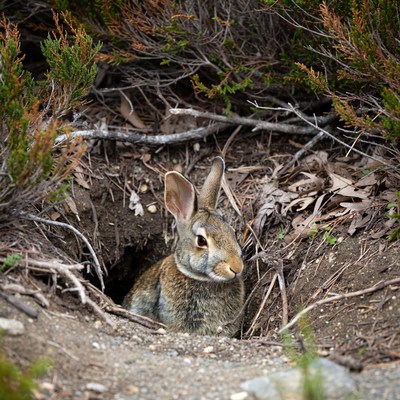 Rabbit emerging from burrow