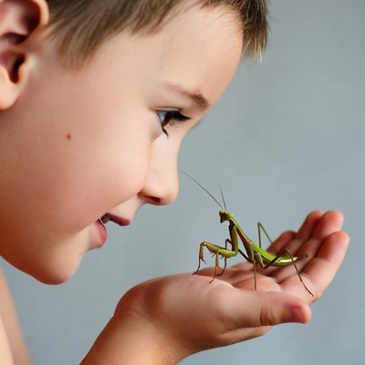 Boy holding praying mantis