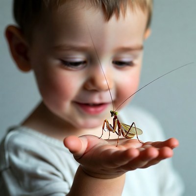 Boy holding praying mantis