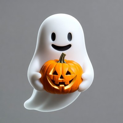 Cute ghost holding jack-o-lantern