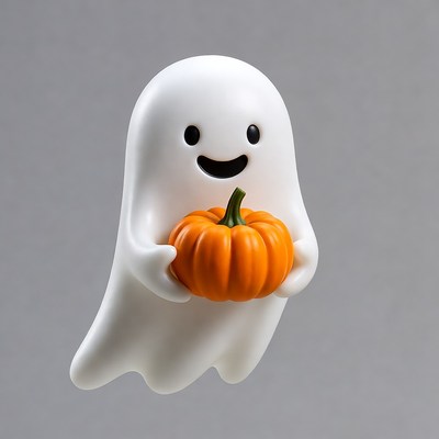 Cute ghost holding pumpkin