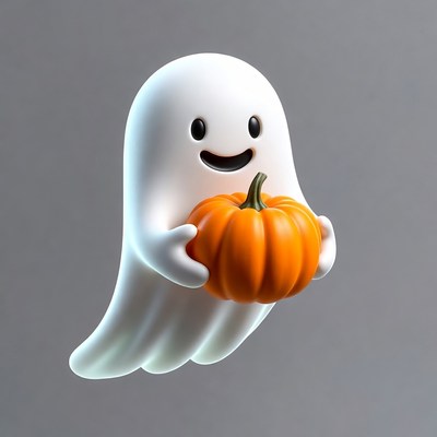 Cute ghost holding pumpkin
