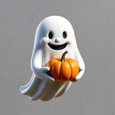 Cute ghost holding pumpkin