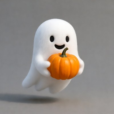 Cute ghost holding pumpkin