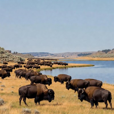 Herd of Bison by Lakeside Grassland