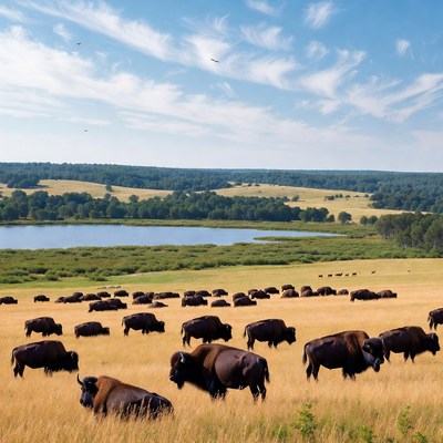 Herd of Bison in Golden Grassland