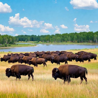 Herd of Bison by Lake