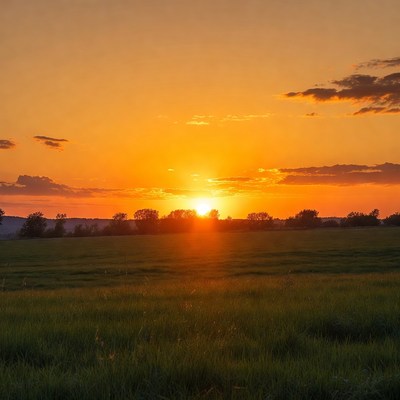 Sunset over green field