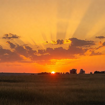 Sunset over grassy field with sun rays