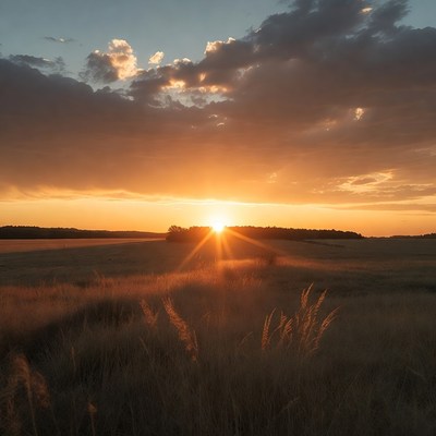 Sunset over tall grass field
