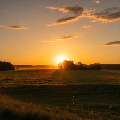 Sunset over green field with trees