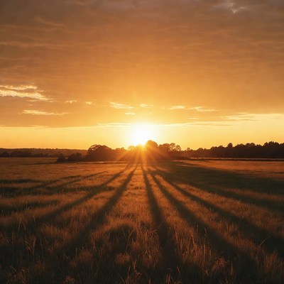 Sunset over field with long shadows