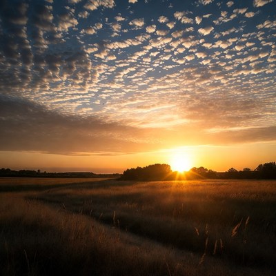 Sunset over golden grass field