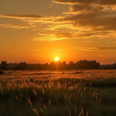 Sunset over golden grass field