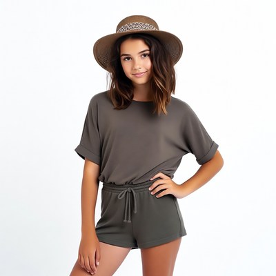 Girl in beige hat and gray outfit