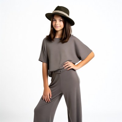 Girl in green hat and gray jumpsuit