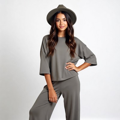 Asian woman in gray hat and outfit